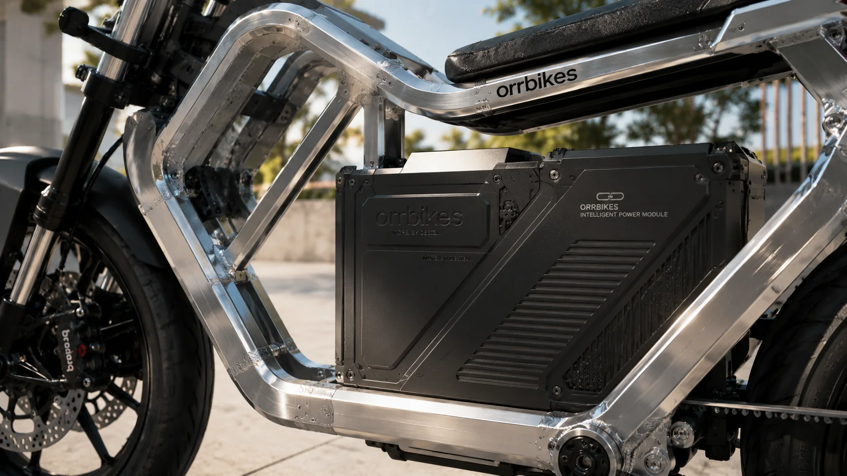 Close-up of the ORRBIKES energy module and silver frame