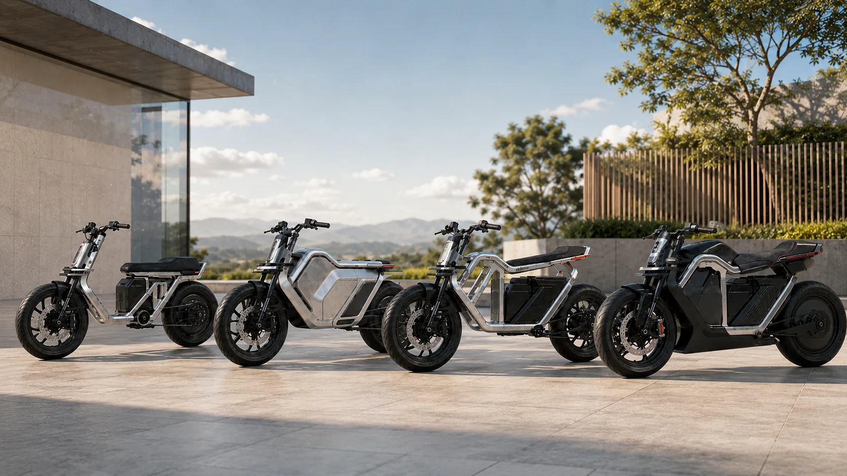 ORRBIKES model family in a bright daylight courtyard